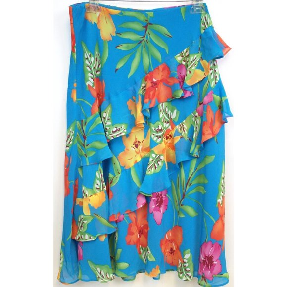 NWT CHAPS Woman Tropical Floral Ruffles Long Flowy Skirt Size XL Elastic Waist - Picture 1 of 9